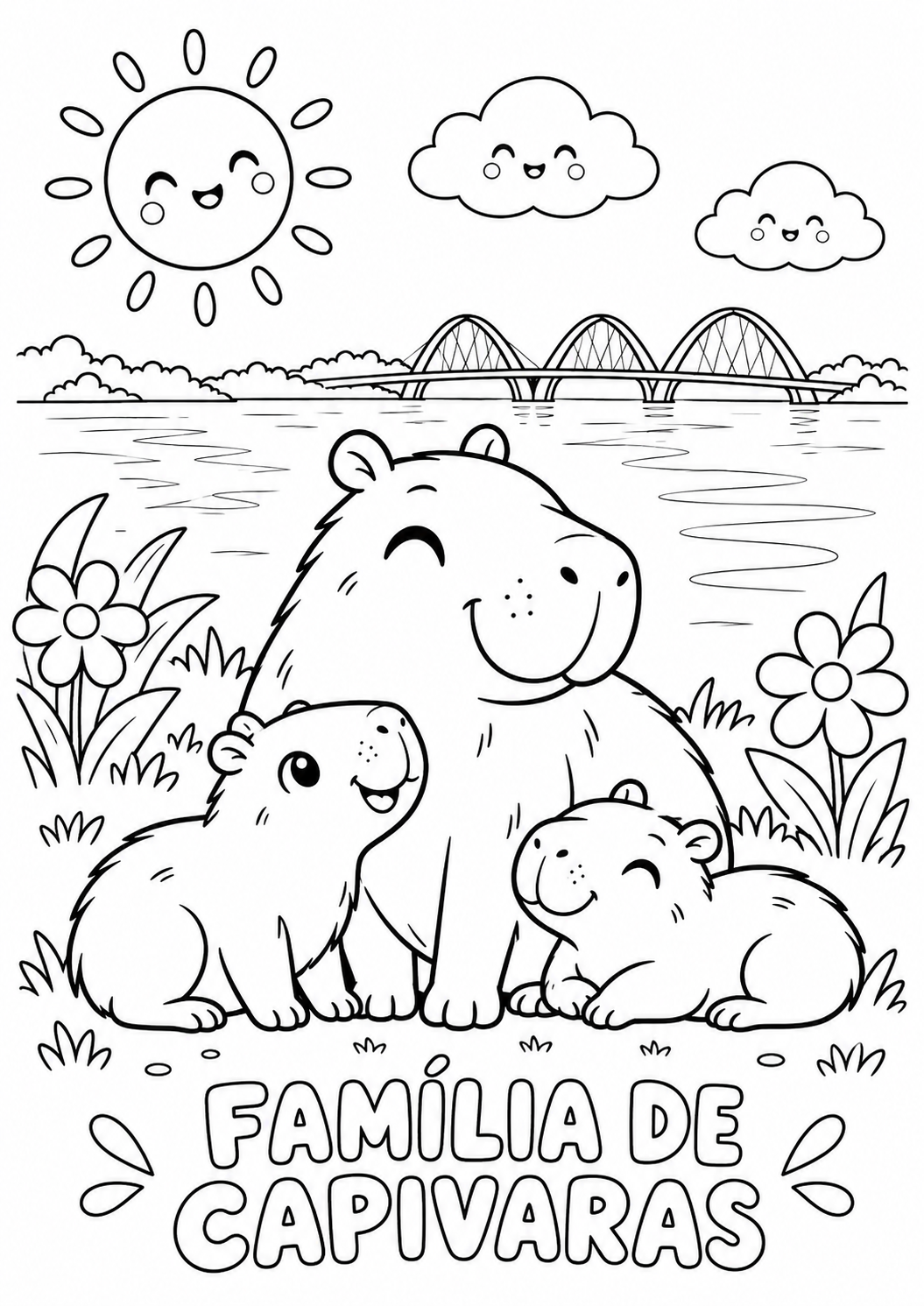 Desenho da família de capivaras para colorir