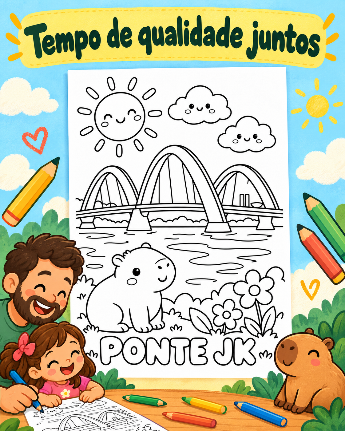 Card ilustrado da Ponte JK com desenho para colorir